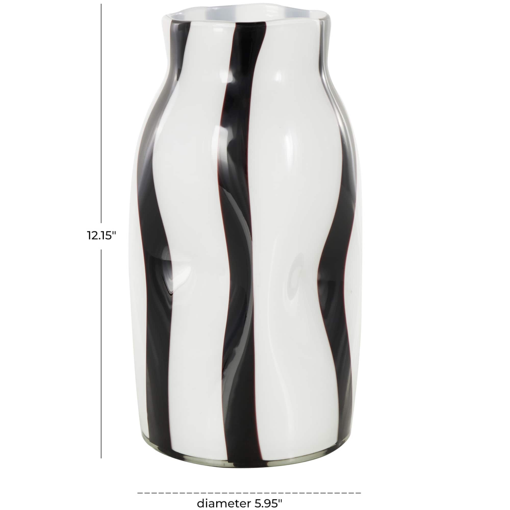 12" White & Black Stripes Round Concaved Glass Vase